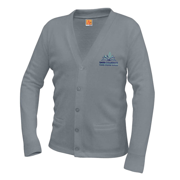 V-Neck Cardigan w/ Sage Collegiate Logo (Optional For Grades K-5)